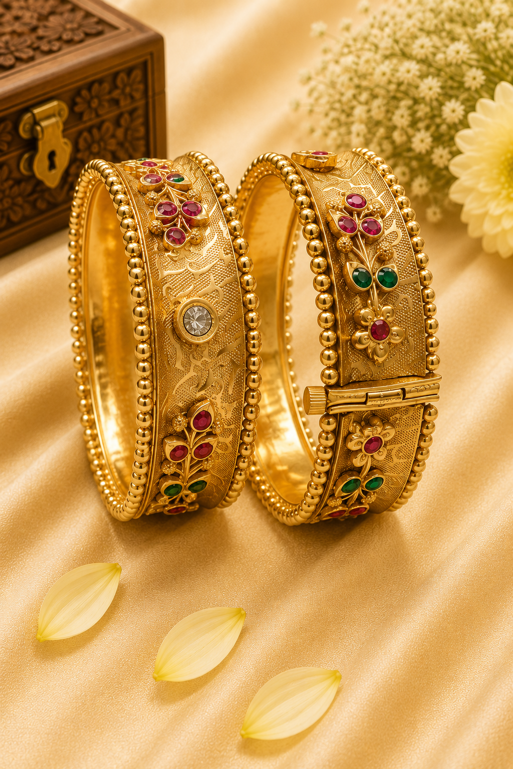 Antique Floral Stone Kada Bangles