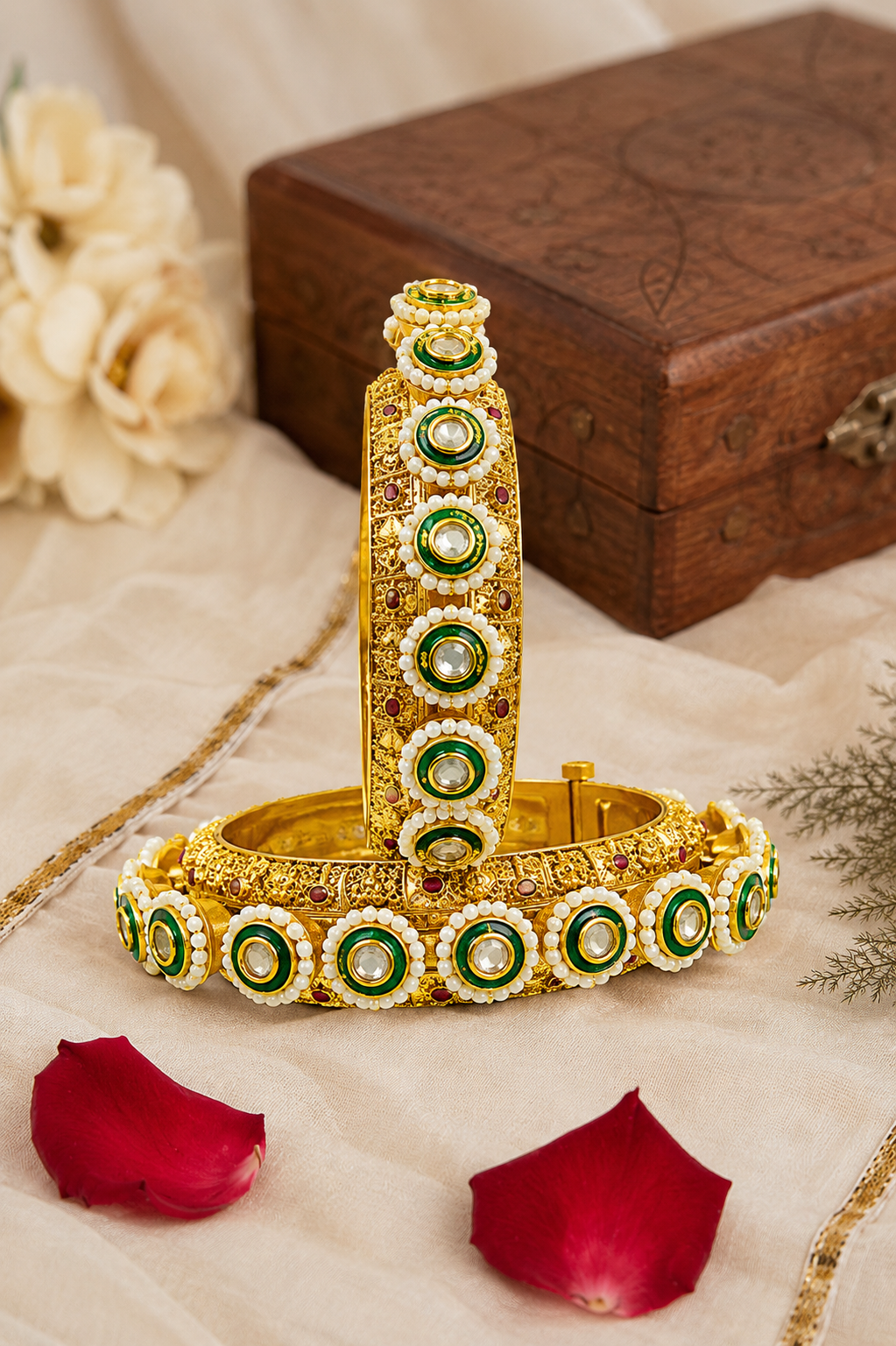 Green Kundan Pearl Designer Bangles