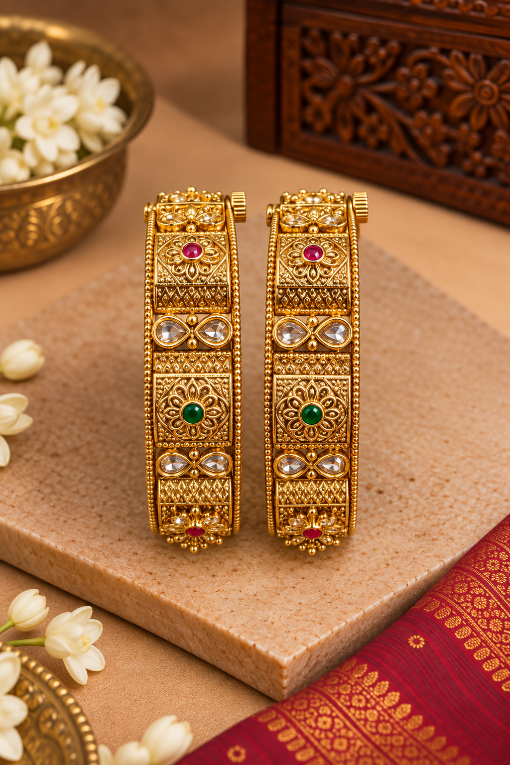 Rajwadi Floral Red Green Stone Bangles