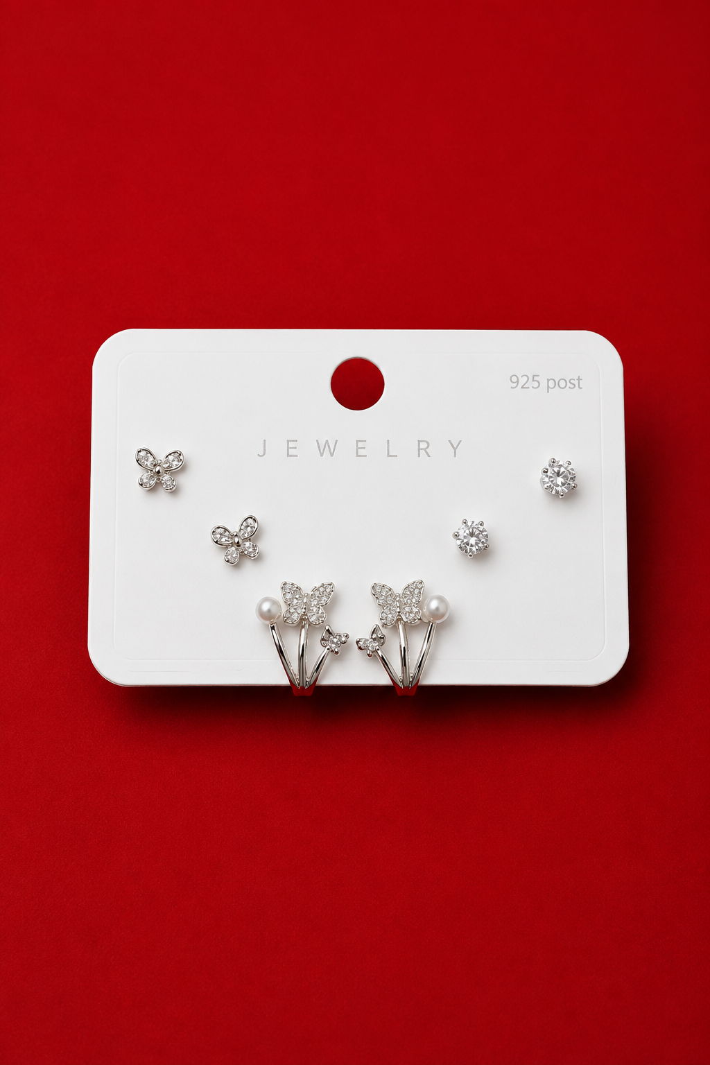 Silver Butterfly Pearl Stud Earring Set