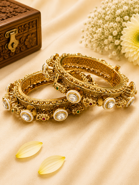 Antique Kundan Pearl Charm Bangles