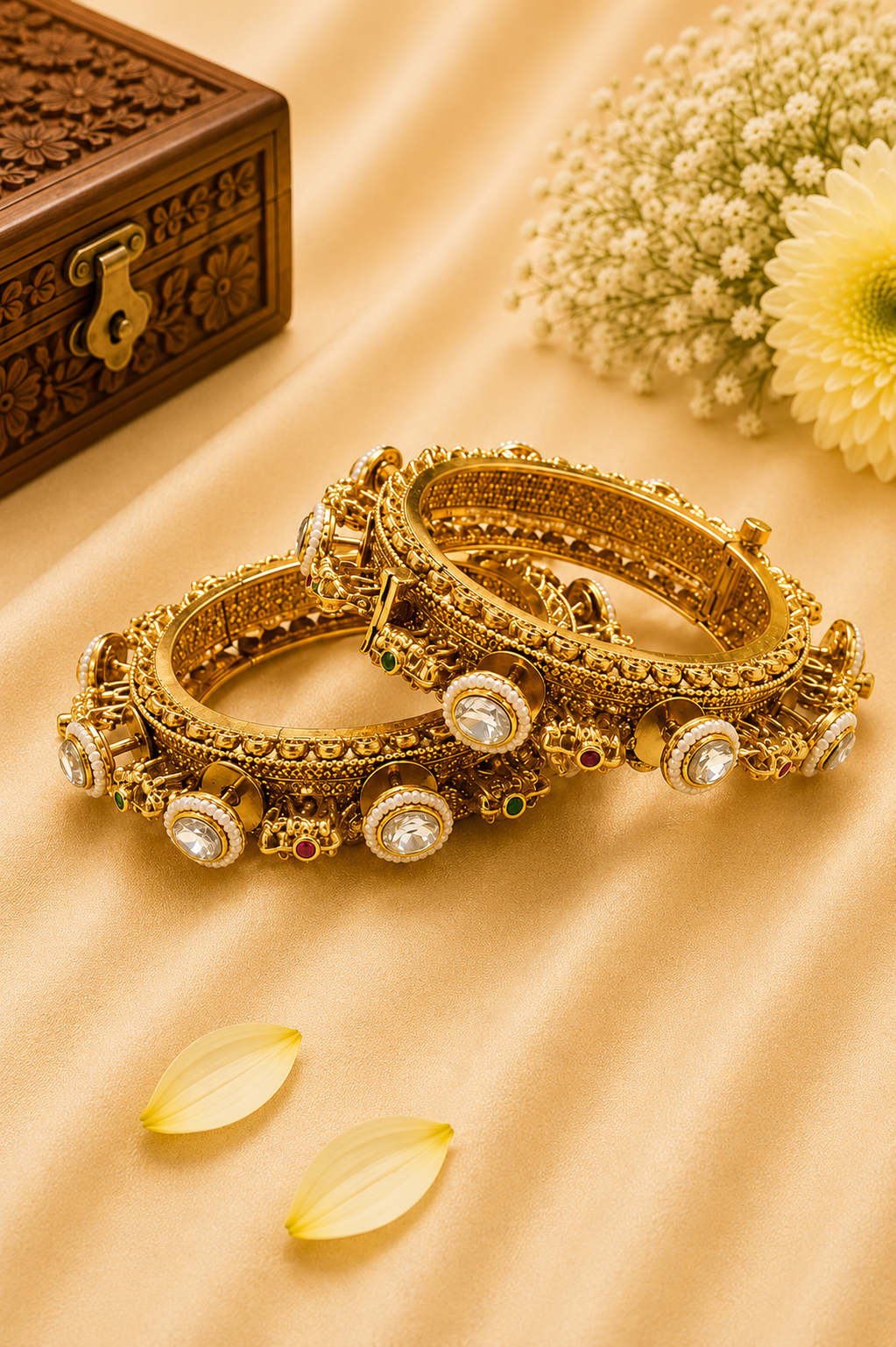 Antique Kundan Pearl Charm Bangles