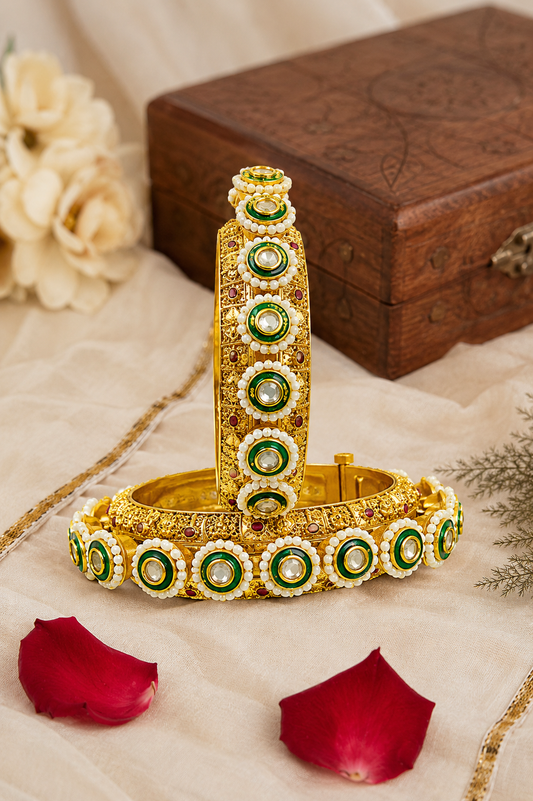 Green Kundan Pearl Designer Bangles
