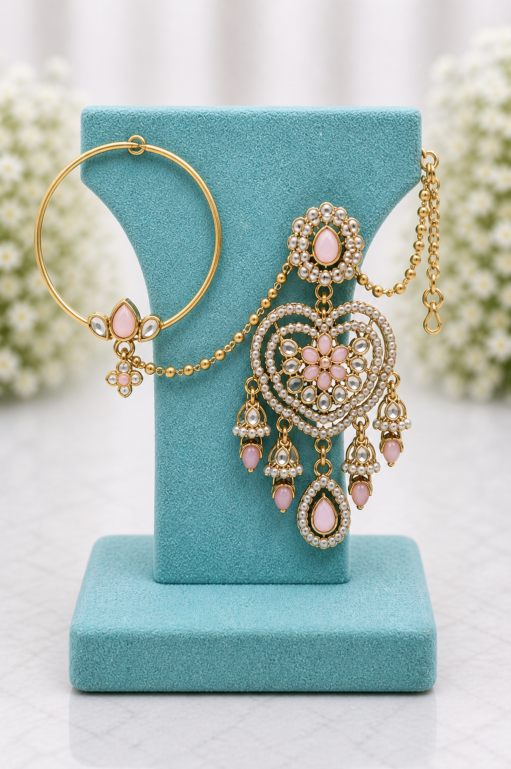 Blush Pink Kundan Bridal Set Tikka