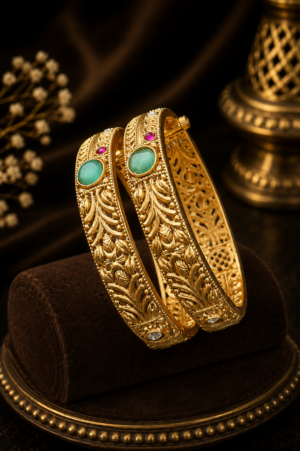 Emerald Floral Gold Carved Bangles Set