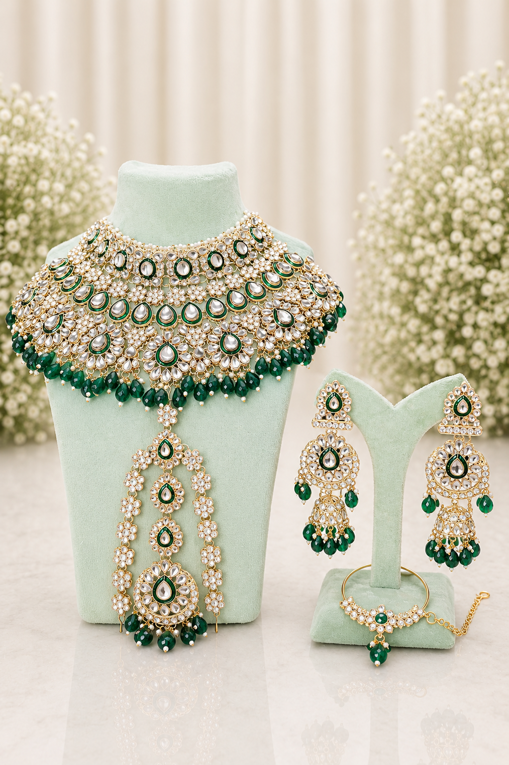 Emerald Green Bridal Kundan Choker Set with Sahare