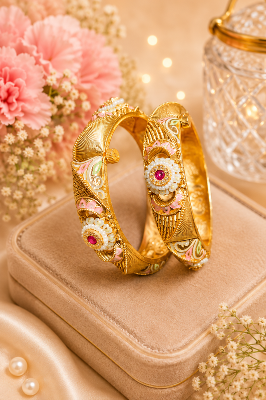 Floral Gold Designer Kada Bangles Pair
