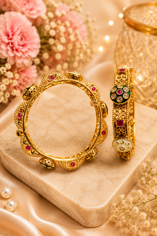Heritage Gold Stone Kada Bangles Pair