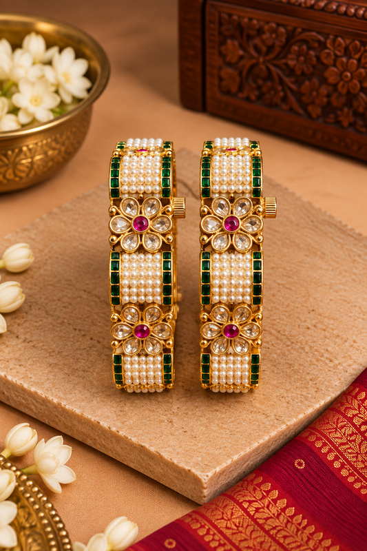 Rajwadi Pearl Floral Green Stone Bangles