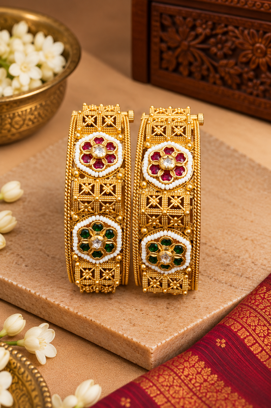 Rajwadi Red Green Floral Meenakari Bangles
