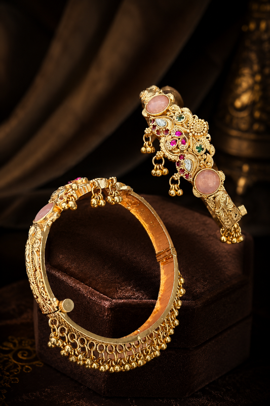 Rose Quartz Gold Charm Bridal Bangles