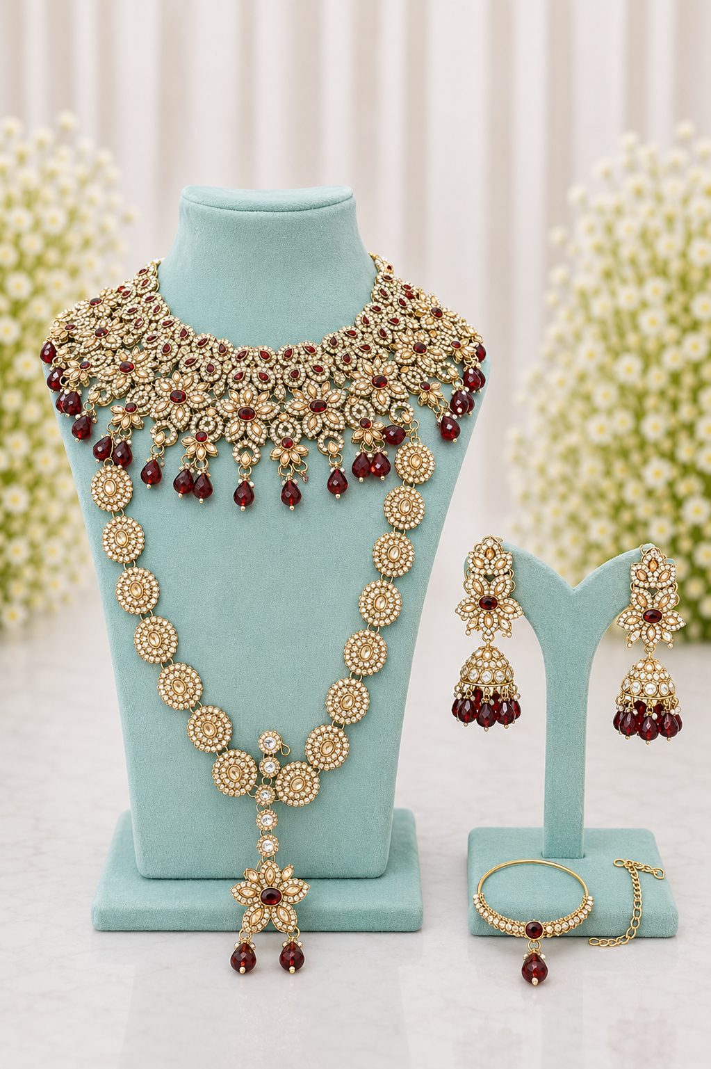 Ruby Kundan Bridal Necklace Set Gold