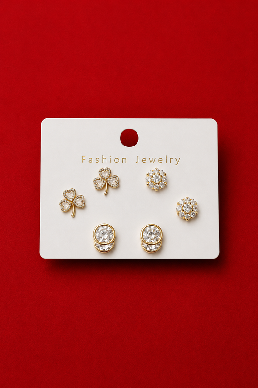 Gold Clover Crystal Stud Earring Set