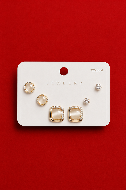 Gold Pearl & Crystal Stud Earring Set
