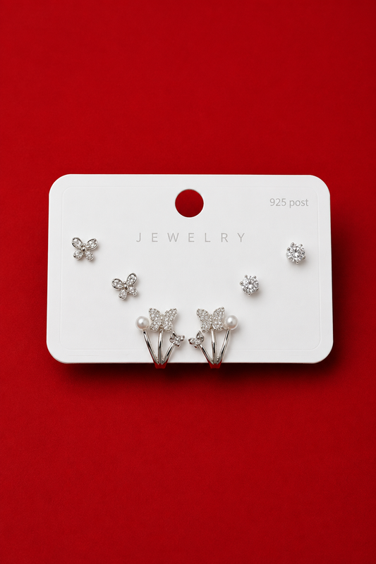 Silver Butterfly Pearl Stud Earring Set